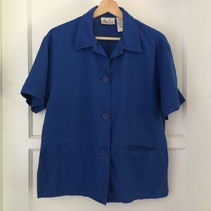 Vintage Solid Blue Linen/Cotton Blend Top